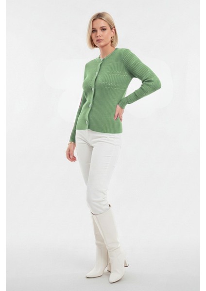 Metal Düğmeli Yuvarlak Yaka Kaşkorse Mint Hırka