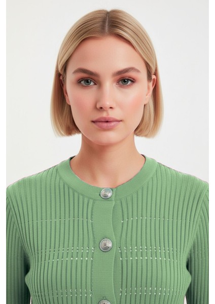 Metal Düğmeli Yuvarlak Yaka Kaşkorse Mint Hırka modelleri