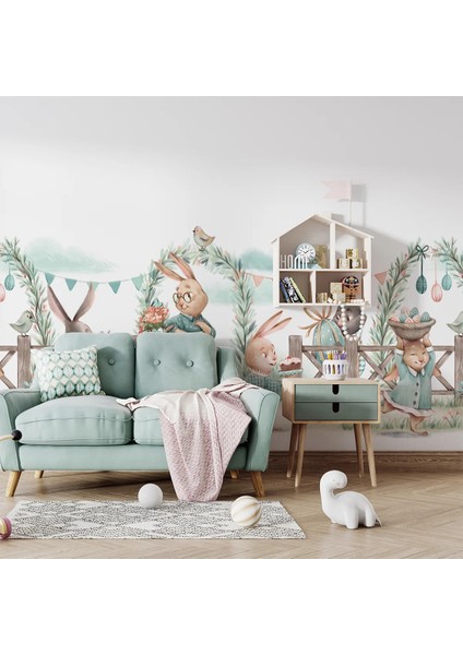 Tavşan Ailesi Çocuk Odası Duvar Kumaşı -Isı ve Ses Yalıtımlı