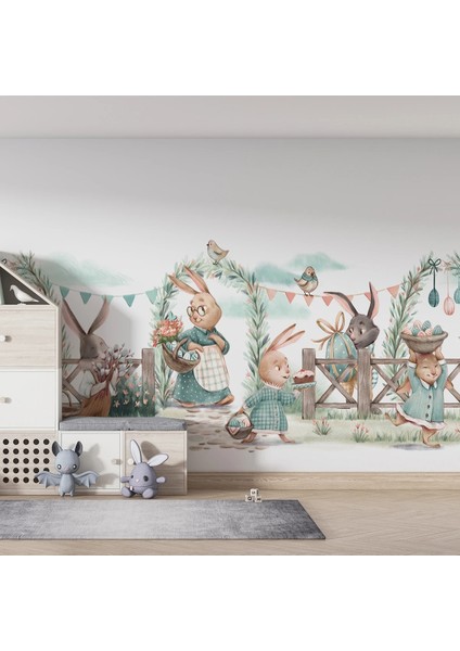 Tavşan Ailesi Çocuk Odası Duvar Kumaşı -Isı ve Ses Yalıtımlı fiyatları