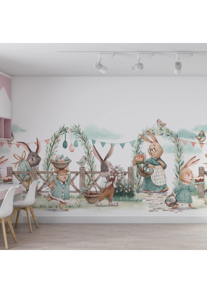 Tavşan Ailesi Çocuk Odası Duvar Kumaşı -Isı ve Ses Yalıtımlı modelleri