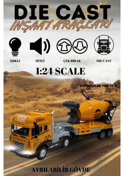 Beton Mikseri Iş Makinası 1:24 Işıklı Müzikli Çek Bırak 30 cm Die Cast