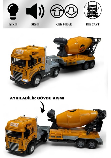 Beton Mikseri Iş Makinası 1:24 Işıklı Müzikli Çek Bırak 30 cm Die Cast modelleri