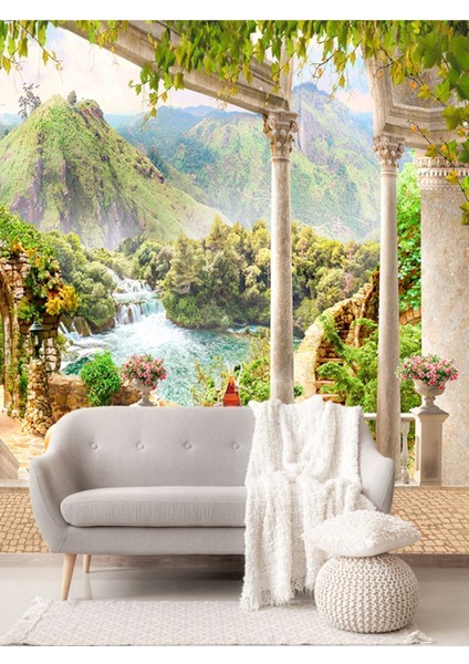 Dağ ve Şelale Manzaralı Teras Desenli Sağlıklı Tekstil Duvar Kağıdı