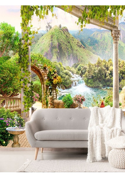 Dağ ve Şelale Manzaralı Teras Desenli Sağlıklı Tekstil Duvar Kağıdı fiyatları