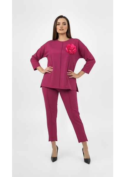 Kadın Büyük Beden Truvakar Kol Çiçek Detaylı Iki Iplik Eşofman Takımı 8224-26