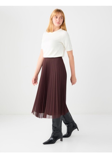 Kahverengi Yüksek Bel Piliseli Rahat Kesim Midi Etek