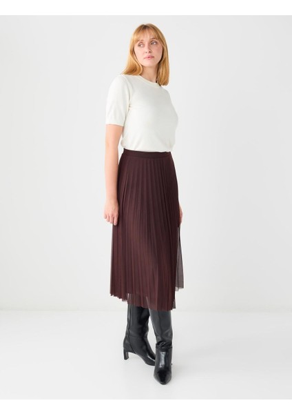 Kahverengi Yüksek Bel Piliseli Rahat Kesim Midi Etek modelleri