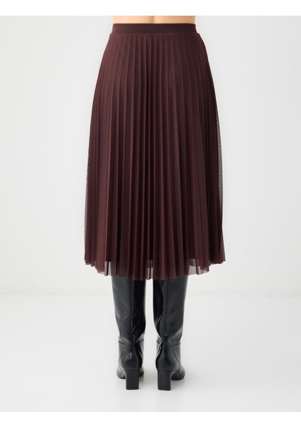 Kahverengi Yüksek Bel Piliseli Rahat Kesim Midi Etek indirimleri