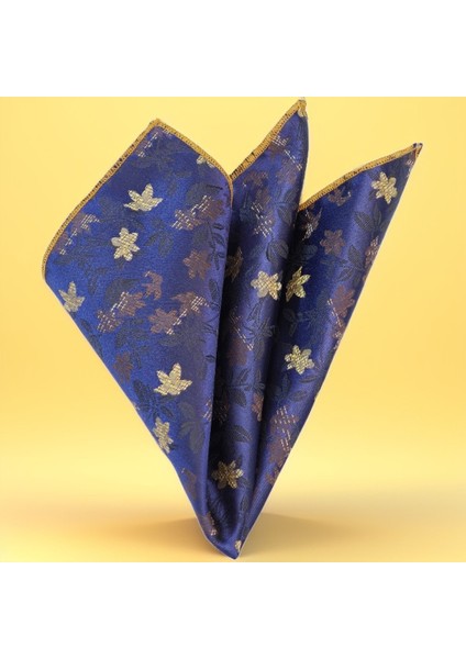 Lacivert Üzeri Altın Bakır Çiçekli Jakar Saten Dokuma Cep Aksesuarı Yaka Mendili