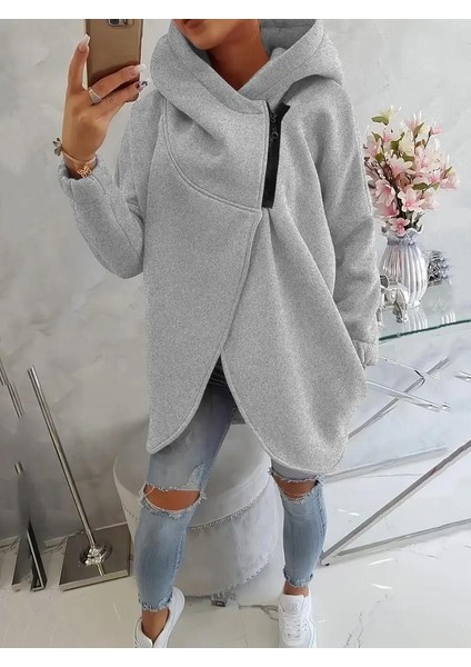 Gri Kadın 3 Iplik Şardonlu Kapüşonlu Ceket – Asimetrik Fermuarlı Oversize