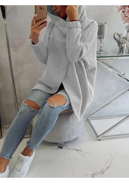 Gri Kadın 3 Iplik Şardonlu Kapüşonlu Ceket – Asimetrik Fermuarlı Oversize fiyatları