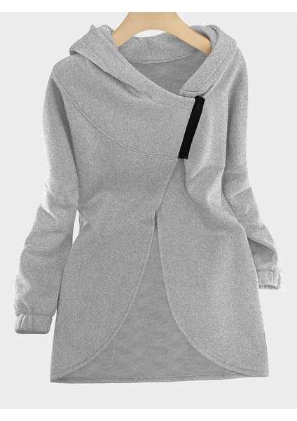 Gri Kadın 3 Iplik Şardonlu Kapüşonlu Ceket – Asimetrik Fermuarlı Oversize modelleri