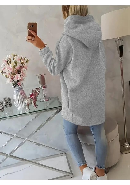 Gri Kadın 3 Iplik Şardonlu Kapüşonlu Ceket – Asimetrik Fermuarlı Oversize indirimleri