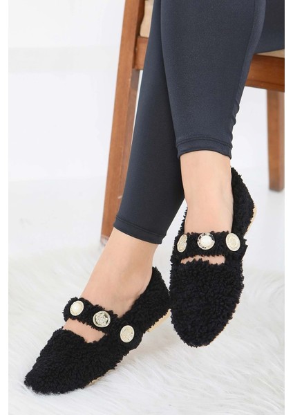 Kadın Inci ve Tuğra Detaylı Peluş Babet - Siyah - 36 fiyatları