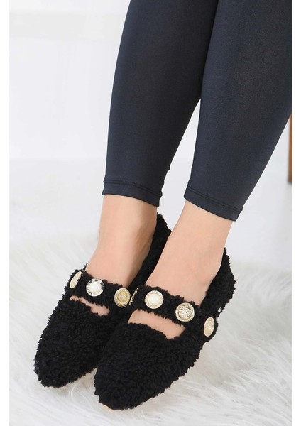 Kadın Inci ve Tuğra Detaylı Peluş Babet - Siyah - 36 modelleri