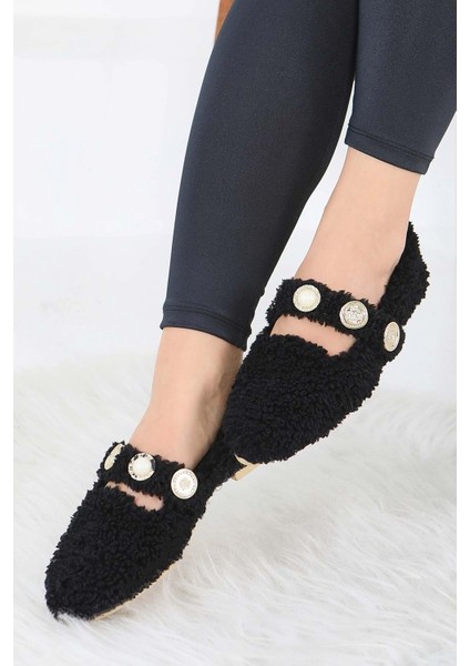 Kadın Inci ve Tuğra Detaylı Peluş Babet - Siyah - 36 fırsatları