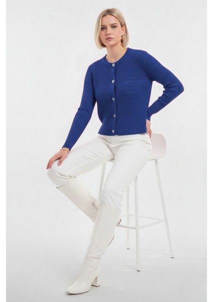 Metal Düğmeli Yuvarlak Yaka Kaşkorse Saks Mavi Hırka fiyatları