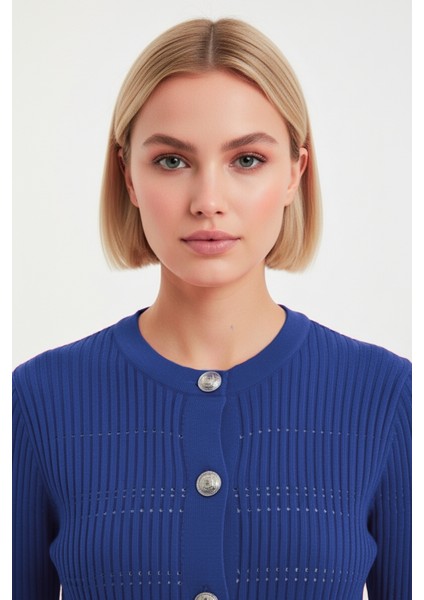 Metal Düğmeli Yuvarlak Yaka Kaşkorse Saks Mavi Hırka modelleri