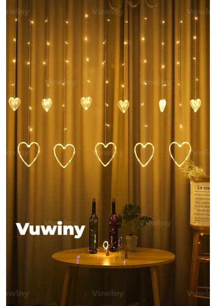 138 LED Işıklı 8 Modlu Gün Işığı Dekoratif Saçaklı Kalpli Perde LED