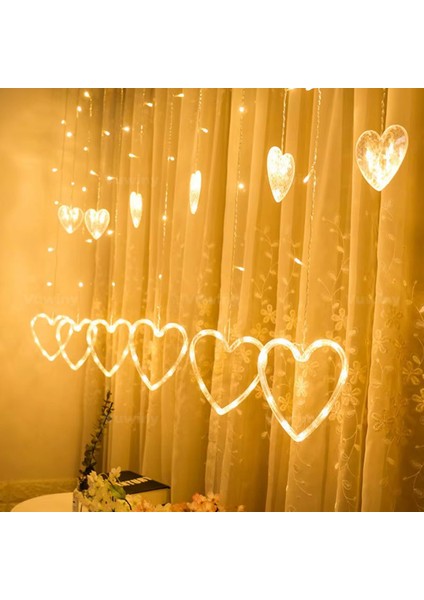 138 LED Işıklı 8 Modlu Gün Işığı Dekoratif Saçaklı Kalpli Perde LED