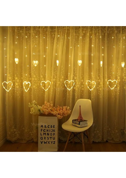 138 LED Işıklı 8 Modlu Gün Işığı Dekoratif Saçaklı Kalpli Perde LED