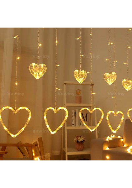 138 LED Işıklı 8 Modlu Gün Işığı Dekoratif Saçaklı Kalpli Perde LED