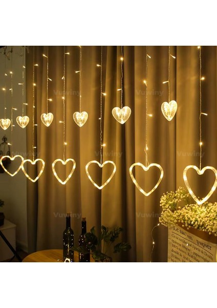 138 LED Işıklı 8 Modlu Gün Işığı Dekoratif Saçaklı Kalpli Perde LED