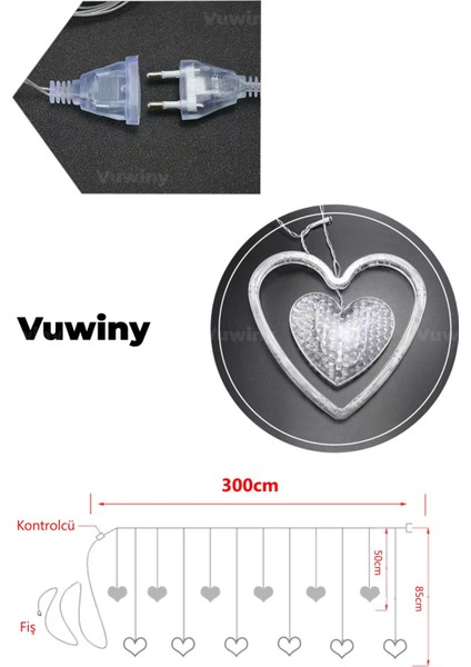 138 LED Işıklı 8 Modlu Gün Işığı Dekoratif Saçaklı Kalpli Perde LED