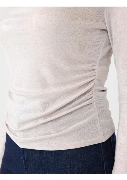 Grı Dökümlü Yaka Uzun Kollu Örme Bluz