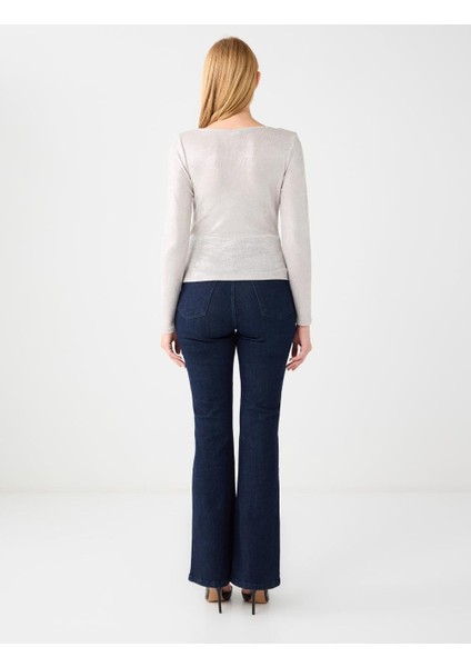 Grı Dökümlü Yaka Uzun Kollu Örme Bluz