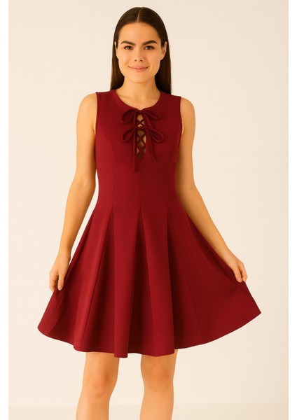 Kloş Etekli Bağlama Detaylı Kolsuz Kadın Mini Elbise modelleri