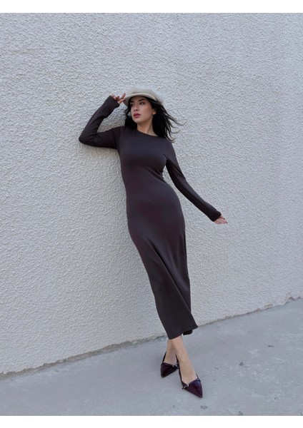 Kadın Kahve Modal Kumaş Dar Kesim Uzun Elbise 30073