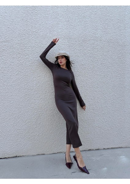 Kadın Kahve Modal Kumaş Dar Kesim Uzun Elbise 30073 fiyatları