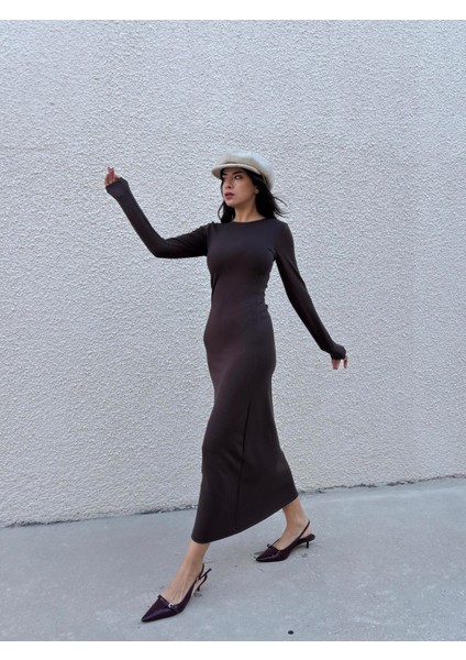 Kadın Kahve Modal Kumaş Dar Kesim Uzun Elbise 30073 modelleri