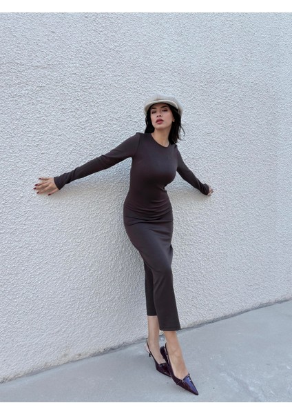 Kadın Kahve Modal Kumaş Dar Kesim Uzun Elbise 30073 indirimleri