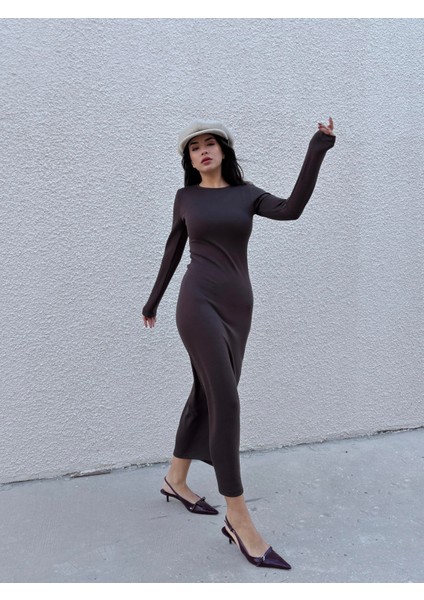 Kadın Kahve Modal Kumaş Dar Kesim Uzun Elbise 30073