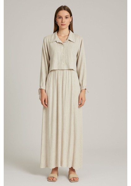 Önü Düğmeli Yan Bağlamalı Bolerolu Elbise Ikili Takım