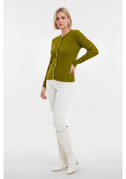 Metal Düğmeli Yuvarlak Yaka Kaşkorse Haki Hırka