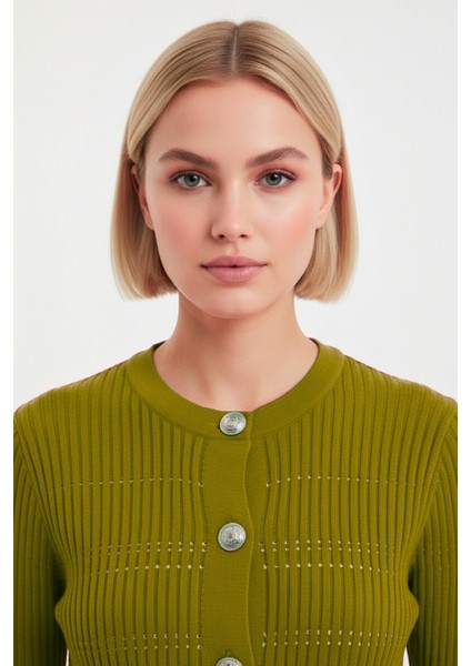 Metal Düğmeli Yuvarlak Yaka Kaşkorse Haki Hırka modelleri