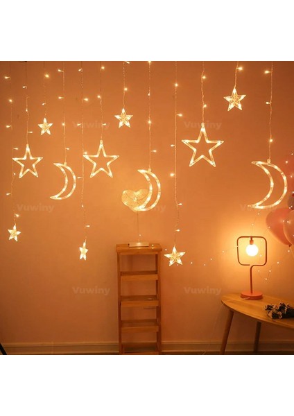 LED Işıklı 8 Modlu Gün Işığı Dekoratif Saçaklı Yıldız Hilal Perde LED fırsatları
