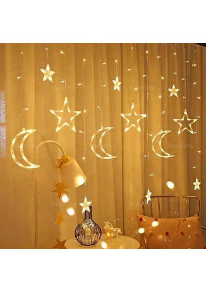 LED Işıklı 8 Modlu Gün Işığı Dekoratif Saçaklı Yıldız Hilal Perde LED indirimleri