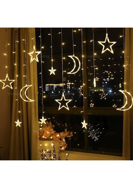 LED Işıklı 8 Modlu Gün Işığı Dekoratif Saçaklı Yıldız Hilal Perde LED