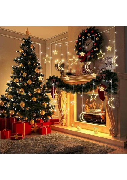 LED Işıklı 8 Modlu Gün Işığı Dekoratif Saçaklı Yıldız Hilal Perde LED