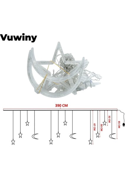 LED Işıklı 8 Modlu Gün Işığı Dekoratif Saçaklı Yıldız Hilal Perde LED