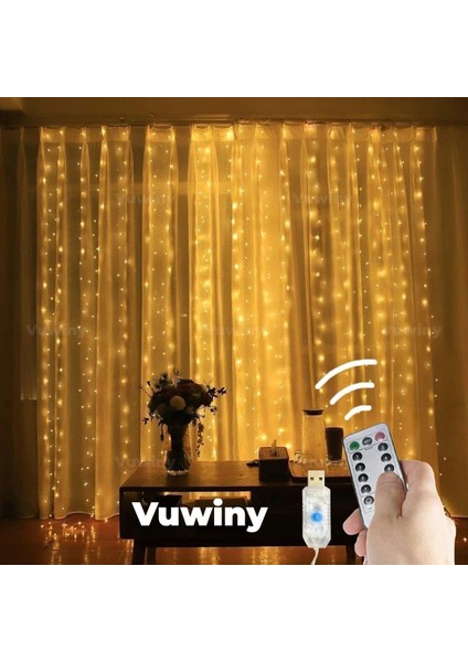 USB Kumandalı Perde Asma Aparatlı Dekoratif 8 Modlu Günışığı Peri LED (3x2 Metre)