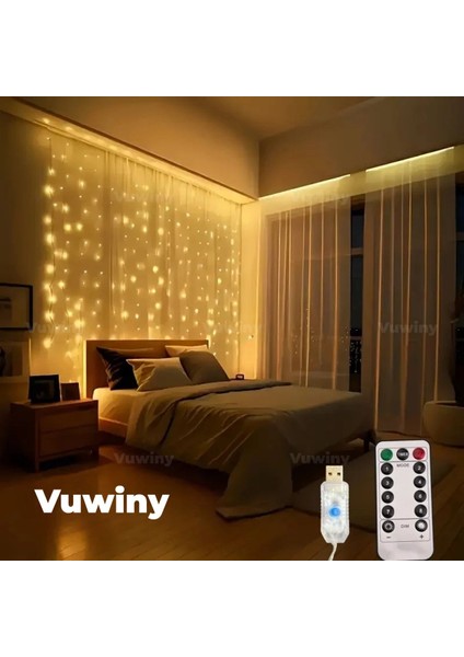 USB Kumandalı Perde Asma Aparatlı Dekoratif 8 Modlu Günışığı Peri LED (3x2 Metre)
