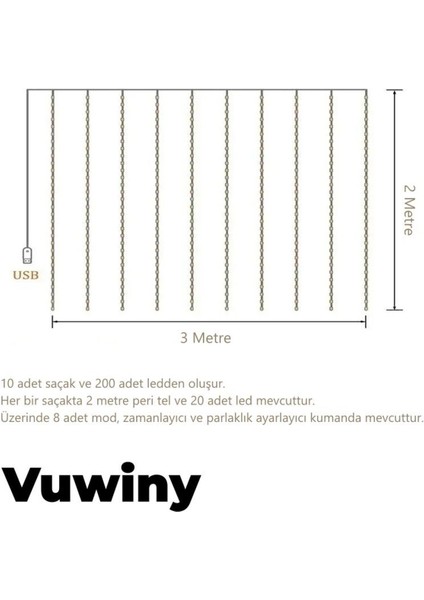 USB Kumandalı Perde Asma Aparatlı Dekoratif 8 Modlu Günışığı Peri LED (3x2 Metre)
