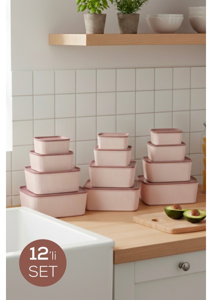 12'li Dikdörtgen Saklama Kabı Seti Pembe | 2.5l 1.5l 0.80L 0.45L | Mikrodalga ve Dondurucu Uyumlu