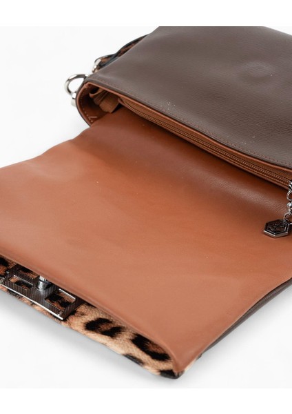 SP1257 Kadın Çapraz Çanta Düz Kahve-Leopar Taba